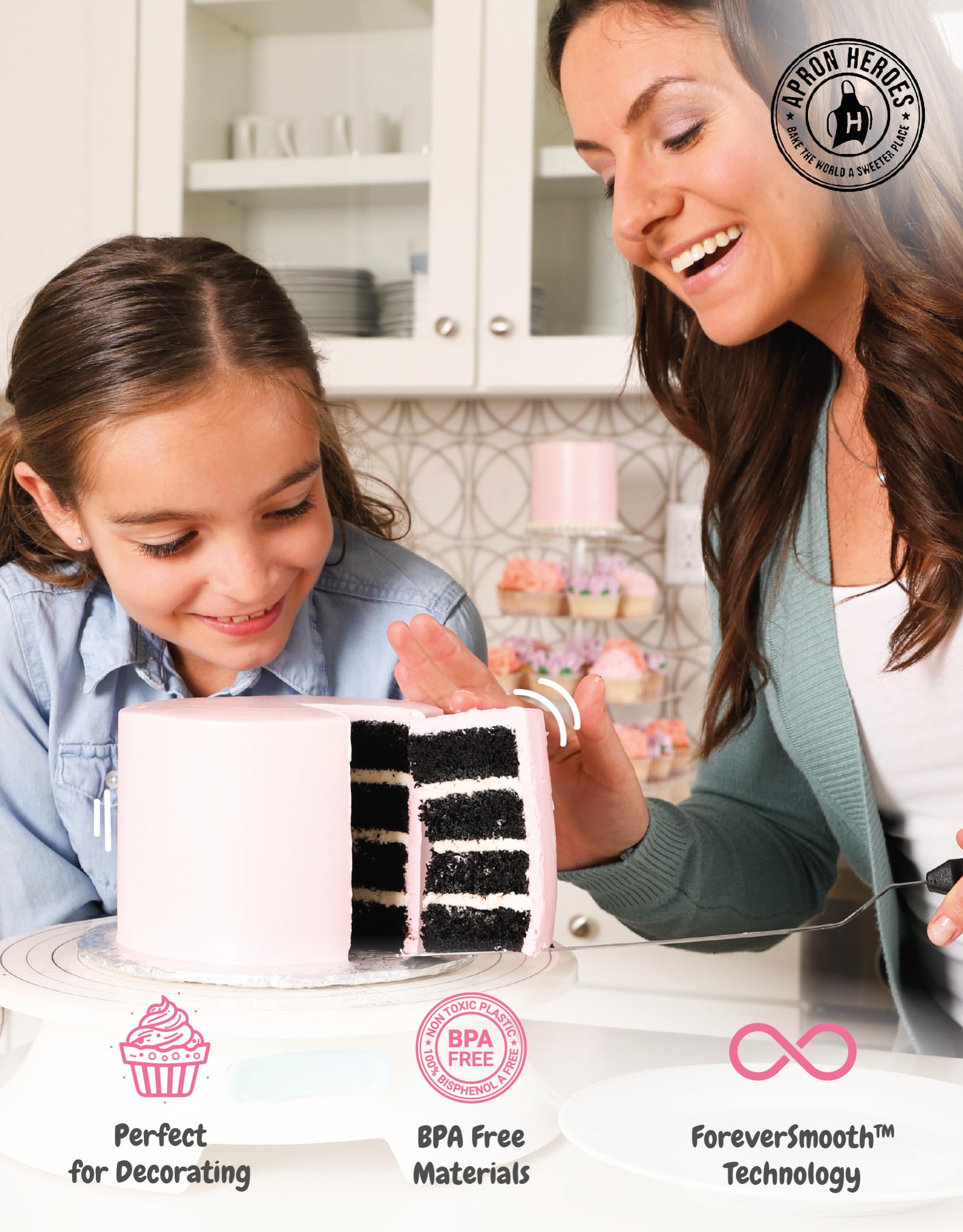 ForeverSmooth Cake Turntable Stand- Sturdiest Rotating Cake Leveler & Slicer. Decorating Supplies Kit w/Offset Spatula Set, Icing Bench Scraper, Cake Boards. 12 Inch White Spinner Baking Accessories