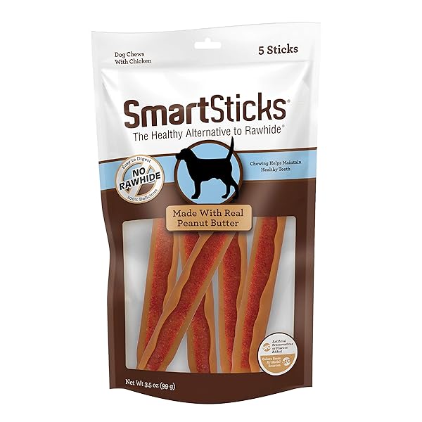 SMARTBONES SMARTSTICKS, TREAT YOUR DOG TO A RAWHIDE-FREE CHEW MADE WITH REAL PEANUT BUTTER, 5 COUNT