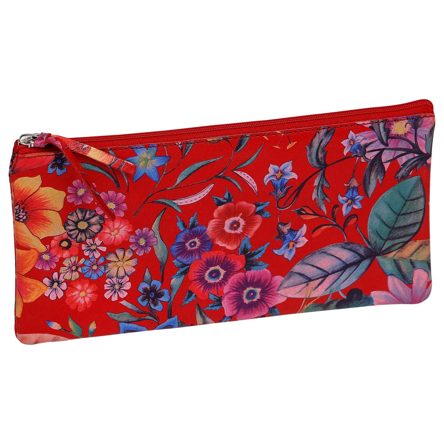 Clairefontaine - Ref 410104C - Céleste' Leather Flat Pencil Case - 22 x 11cm, Made From Genuine Lambskin Leather, Metal Zip With Leather Puller - Red Garden