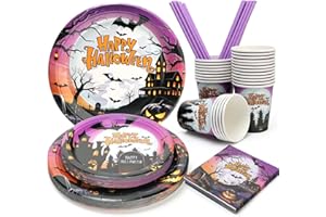 UVTQSSP Halloween Paper Plates, Halloween Party Plates and Cups With Straws, Disposable Tableware Party Supplies, Serve for 25 Guests, Spooky Pumpkin Bat Castle, 125 PCS
