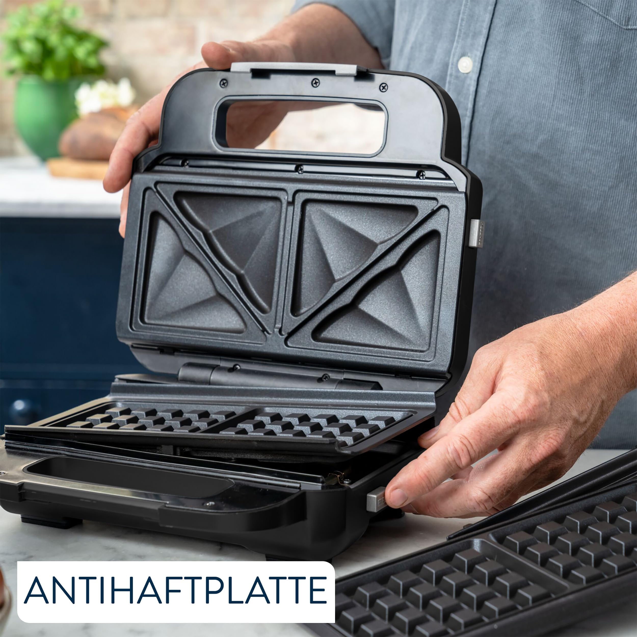 Tefal Jamie Oliver 2-in-1 Sandwich-Waffel-Kombigerät, Antihaftbeschichtete Platten, spülmaschinengeeignet, Betriebs- und Temperaturkontrollleuchte, Kabelaufwicklung, Edelstahl/Schwarz, SW70J810 3