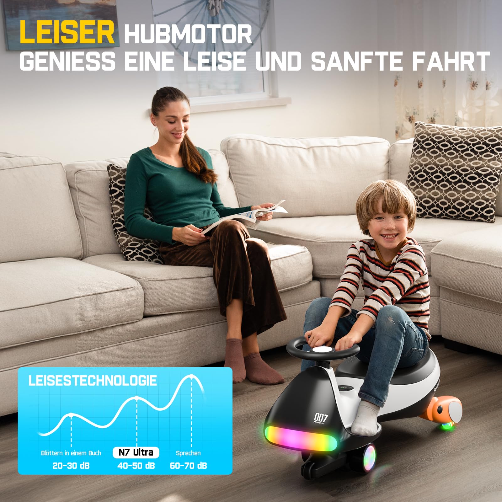 FanttikRide N7 Ultra Elektrisches Kinderauto mit Pedal, Kinder Auto, MagicMute Motor, 2 Geschwindigkeiten, 9 Farbmodi, Digitalanzeige, Bluetooth, für Kinder ab 3 Jahren, 68KG, Pinguin Schwarz 3