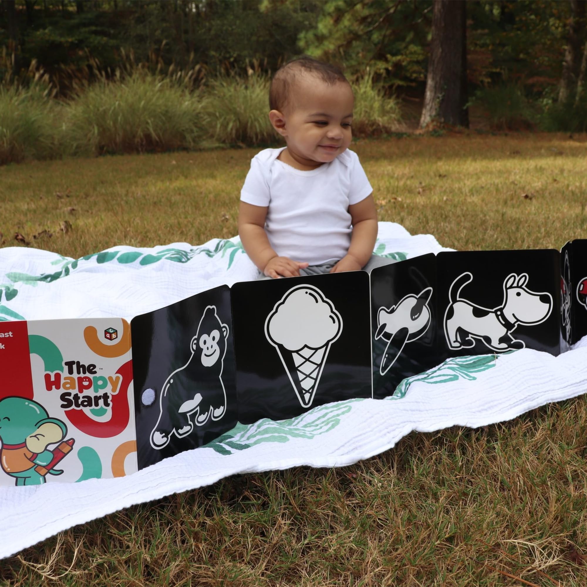 Happy Start Award-Winning High Contrast Board Book - Newborn Black & White Baby Cards, Easy to Clean, Hospital Approved, Stands on Its Own, Tummy Time Toy, Ages 0+ (English)