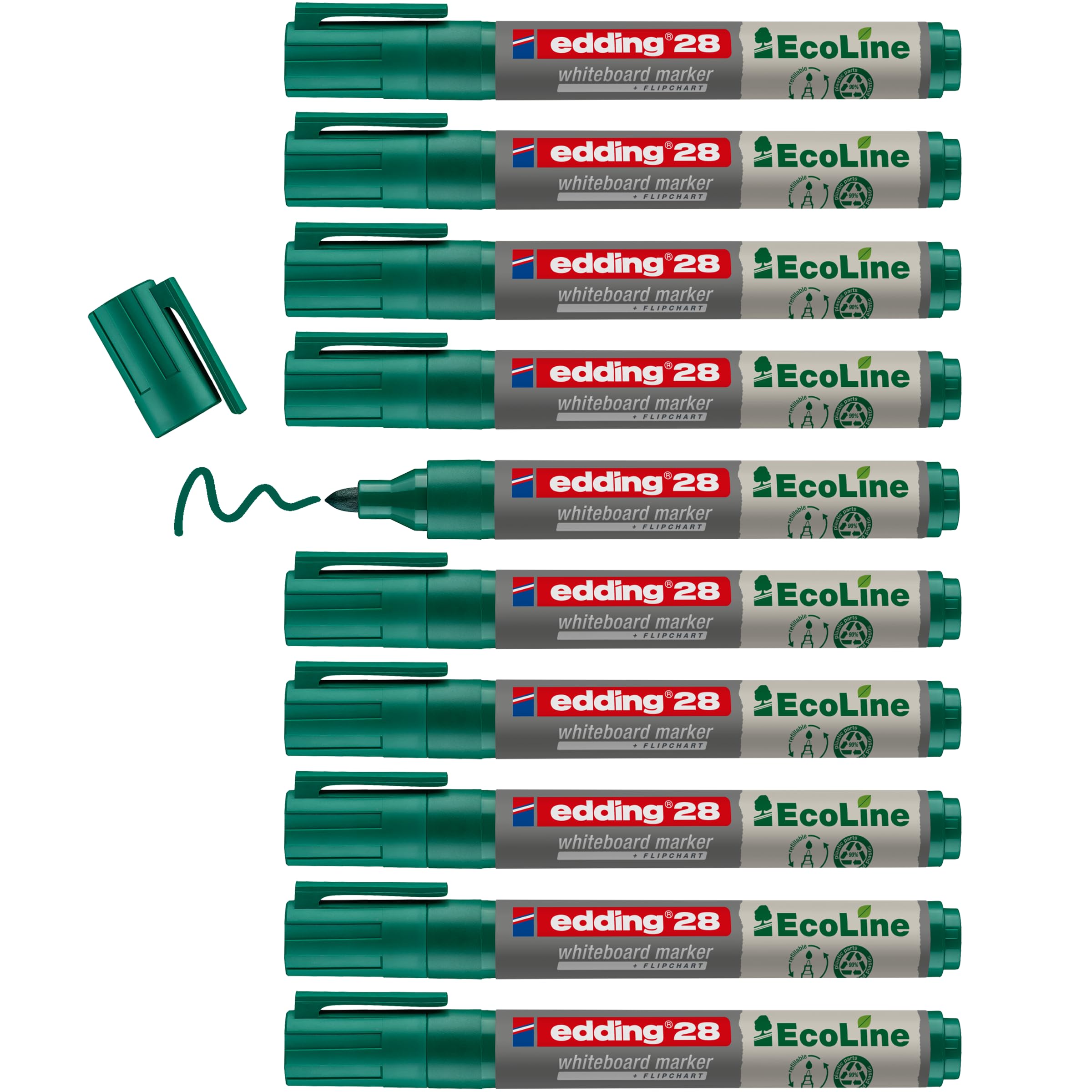 edding 28 Ecoline whiteboard marker - green - box of 10 whiteboard pens - round tip 1.5-3 mm - whiteboard pen dry wipe - for whiteboards, flipcharts, pinboards, memo boards - sketchnotes - refillable