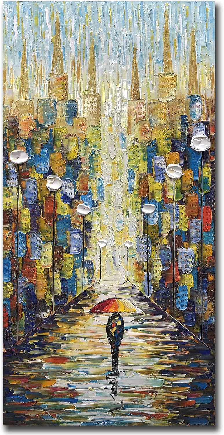 Paintings - V-inspire Paintings, 24x48 Inch Modern Abstract Painting Romatic Street Oil Hand Painting Landscape 3D Hand-Painted On Canvas Abstract Artwork Art Wood Inside Framed Hanging Wall Decoration