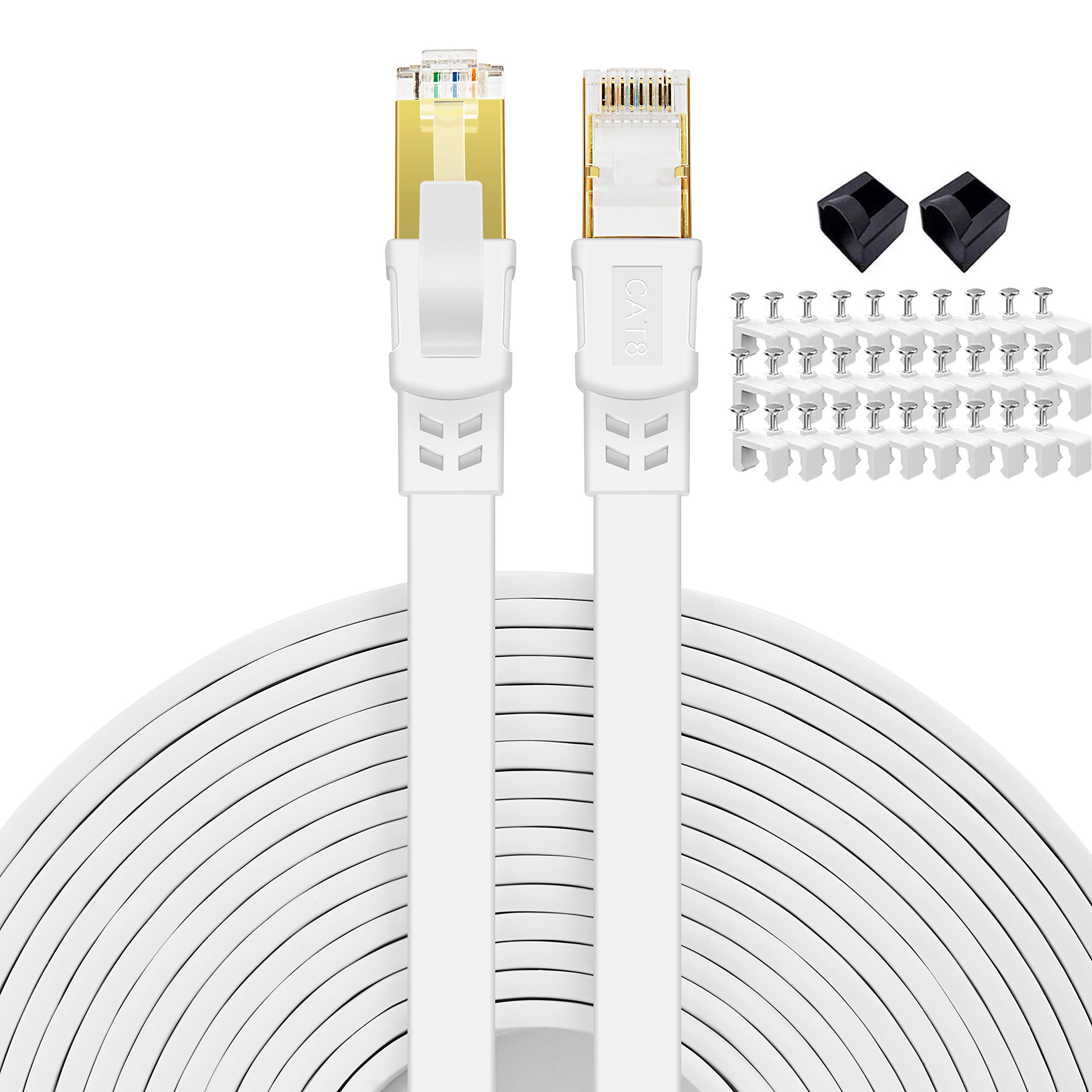 Photo 1 of Cat 8 Ethernet Cable 10 ft Flat Internet Network RJ45 Cable Shielded High Speed 2000Mhz 40Gbps LAN Patch Cables Cords for Outdoor, Gaming, Xbox, PS4, Router - Compatible for Cat7/Cat6a/Cat5e - White