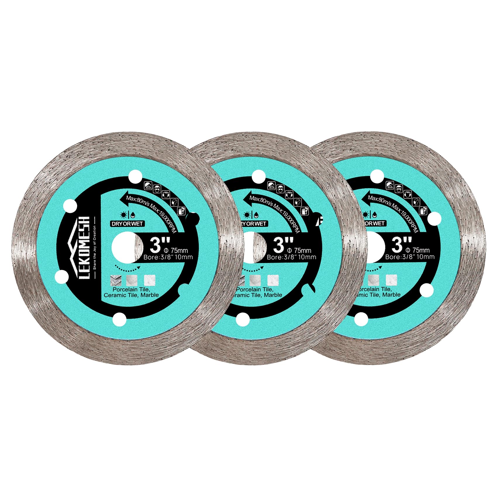 LEKOMESH 75mm Tile Cutting Disc - 3pcs Diamond Tile Saw Blade, 3 Inch, Compatible with Marble, Granite, Ceramic, Artificial Stone