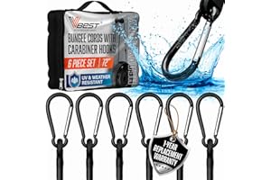 VBEST Extra Long Bungee Cords with Carabiner Hooks - Large Heavy Duty Outdoor Black Bungie Straps Set of 6 Pieces 72 Inch