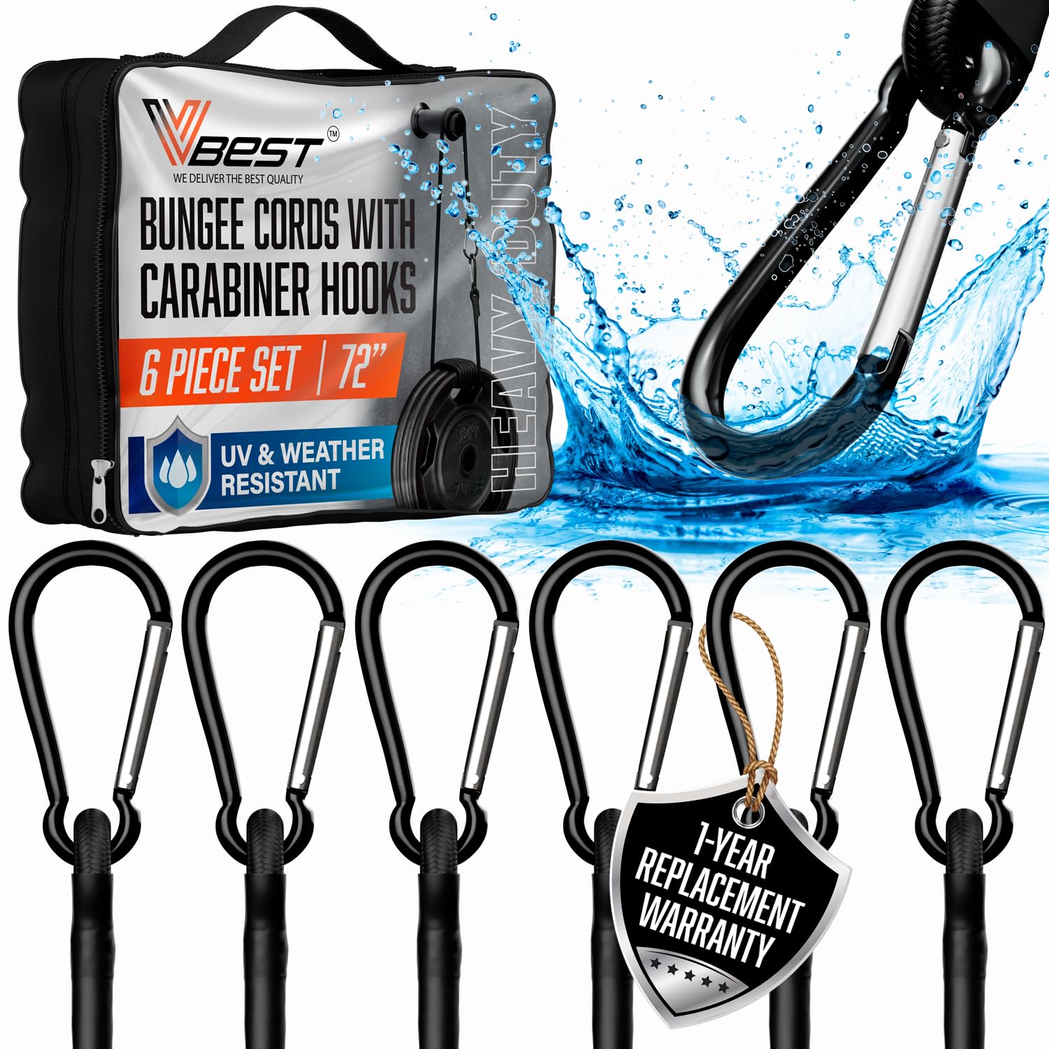 Photo 1 of VBEST Extra Long Bungee Cords with Carabiner Hooks - Large Heavy Duty Outdoor Black Bungie Straps Set of 6 Pieces 72 Inch