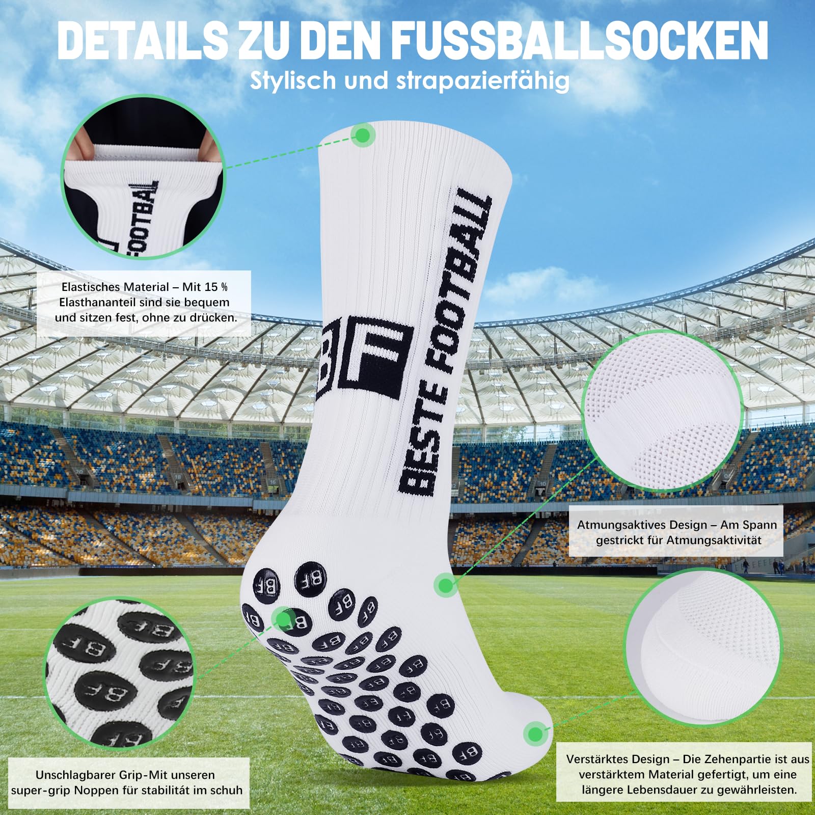 BESTE FOOTBALL Grip Socken Fussball 3 Paar 43-46 Football Socks für Herren Damen und Kinder, Anti Rutsch Fußball Socken, Fußballsocken für Sport, Yoga, Tennis, Basketball, Weiß 4