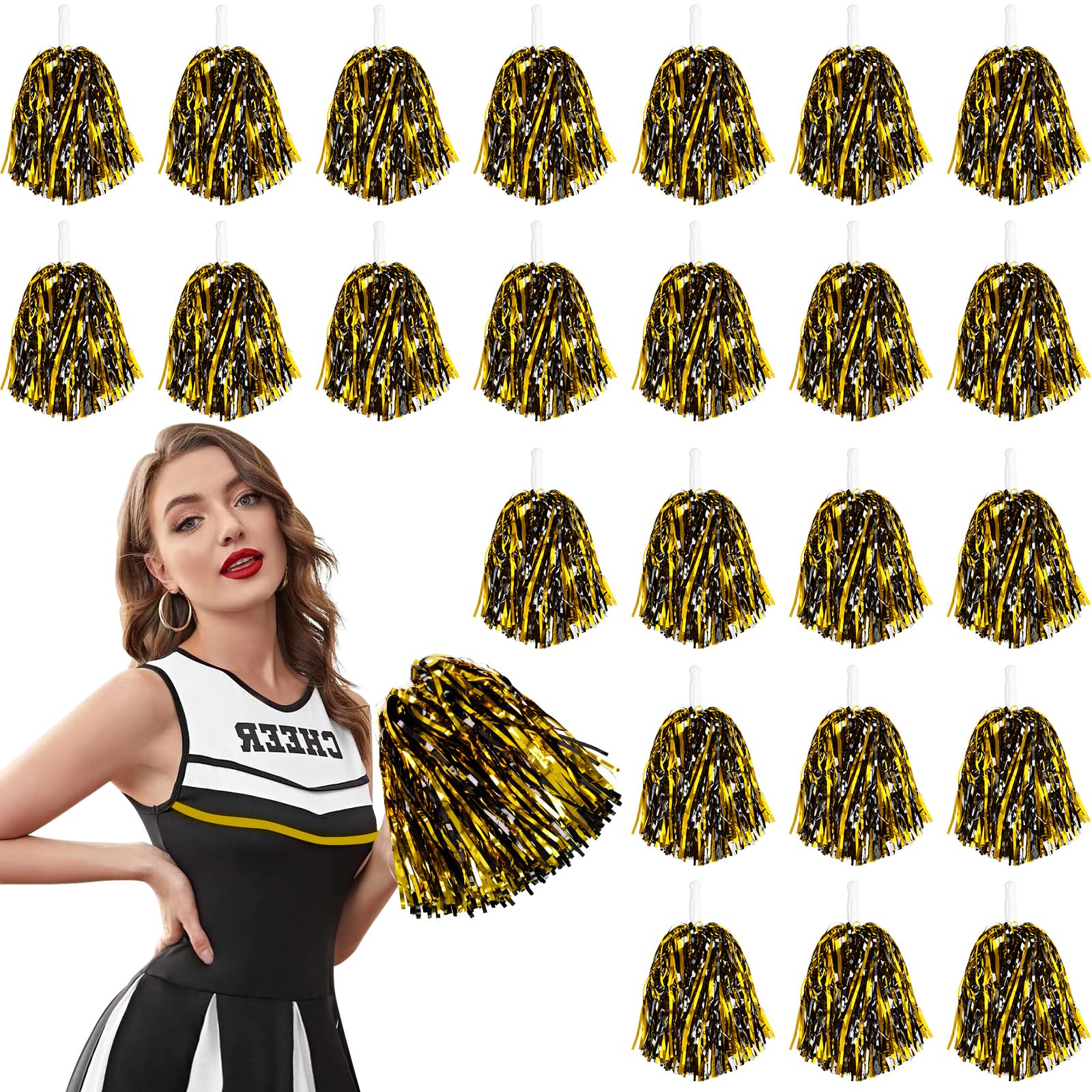 Photo 1 of DILIBRA 24 Pcs Metallic Cheerleading Pom Poms, Cheerleaders Cheer Pom Poms with Baton Handle, Cheering Squad Hand Flower for Adults Kids Team Spirit Sports Game Dancing Party