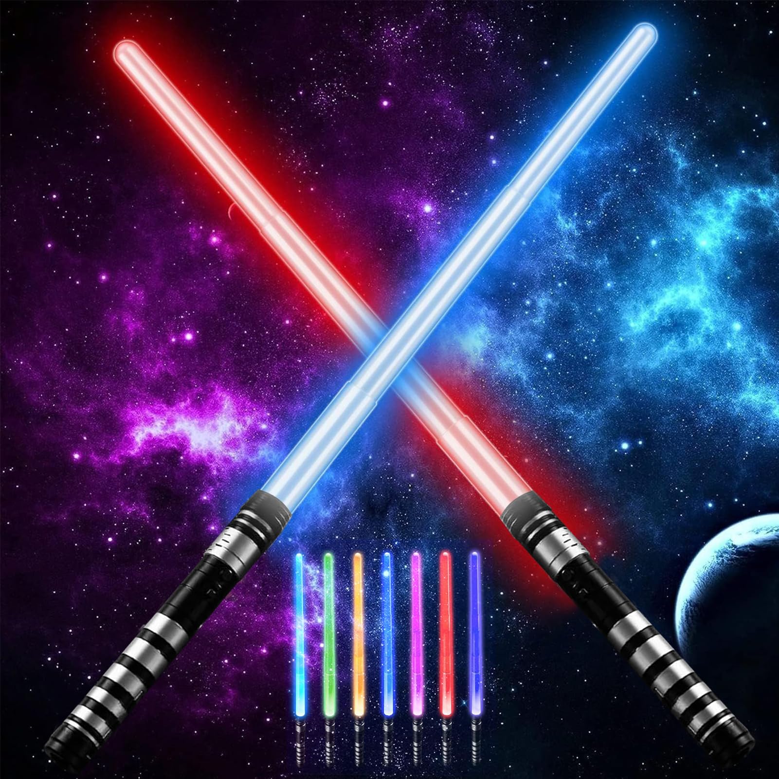 2 Pack Light up Saber with Sound, 7 Color Retractable Lightsaber LED Changing Light Saber Sword Toys for Party Favors Easter Halloween Dress Up