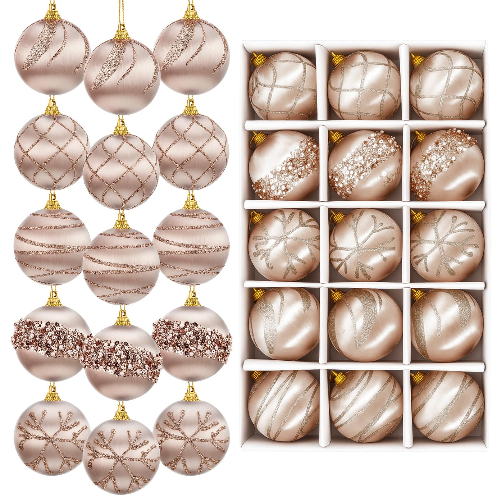 Photo 1 of **MISSING 3, SEE PHOTOS**HyDren 15 Pcs 2.4 Inch Christmas Satin Champagne Ornaments Luxury Silk Shatterproof Christmas Tree Hanging Ball Decorations for Home Xmas Tree Party Holiday Supplies