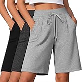 Locoowai 3 Pack Women's Bermuda Shorts Drawstring Casual Lounge Elastic Waist Athletic Yoga Running Shorts with Pockets