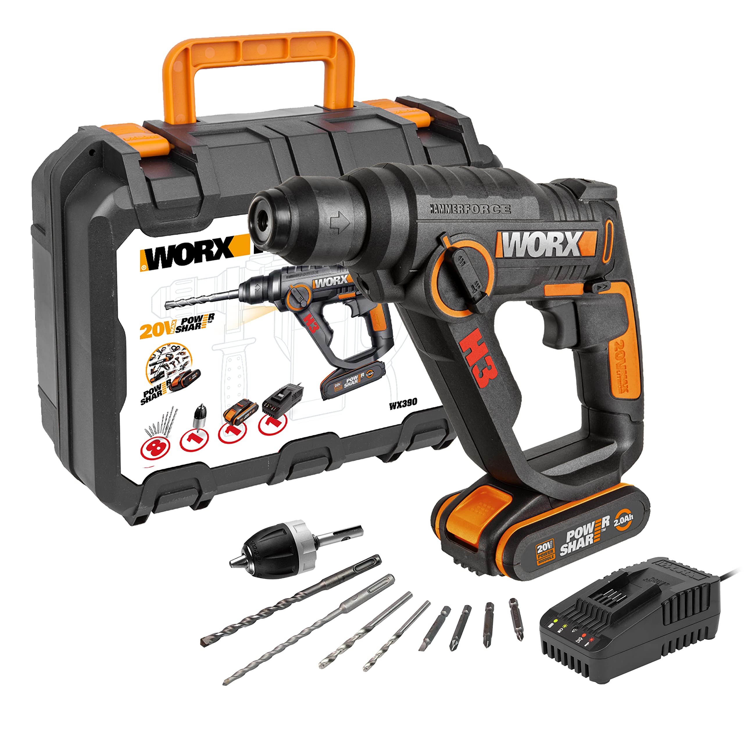 WORX WX390 SDS-Plus Bohrhammer – 20V Bohrmaschine mit pneumatischem Schlagwerk zum Schrauben, Bohren und Hämmern ohne Akku, Ladegerät und Tragekoffer