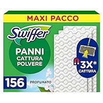 Swiffer Panni Cattura Polvere, 156 Panni Microfibra Dry, Cattura Polvere e Sporco, Ottimo per Tutti i Tipi di Pavimenti e per i Peli di Animali, Maxi Formato
