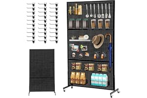 NectaCol 3.5'x 6' Pegboard Display Stand with T-Base, Metal Peg Board Organizer Panels Display Rack With Wheel, Standing Pegboard Display, Extra 30 pieces Hooks, Black
