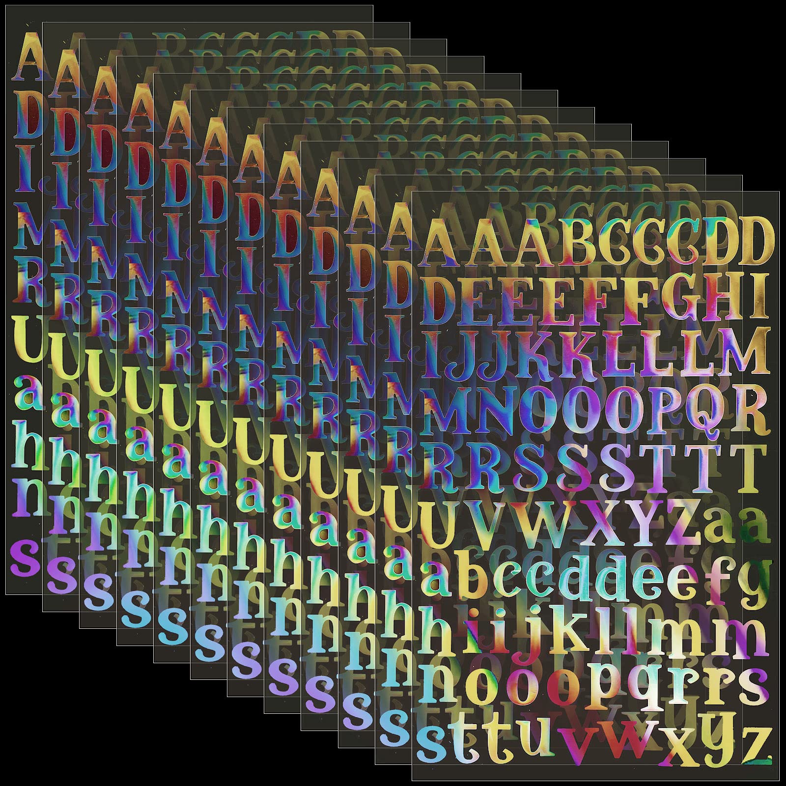 Photo 1 of 2160 Pieces 24 Sheets Holographic Laser Letter Stickers Glitter Self Adhesive Stickers Shiny Alphabet DIY Small Vinyl Decorative Decals for Cups Scrapbooks Window Door Cars(Shining Colors)