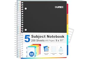 SUNEE 5 Subject Graph Paper Notebook - 400 Pages, 9"x11", 4x4 Graph Ruled Notebook, 5 Pocket Colored Dividers, 3-Hole Punched Paper, Black