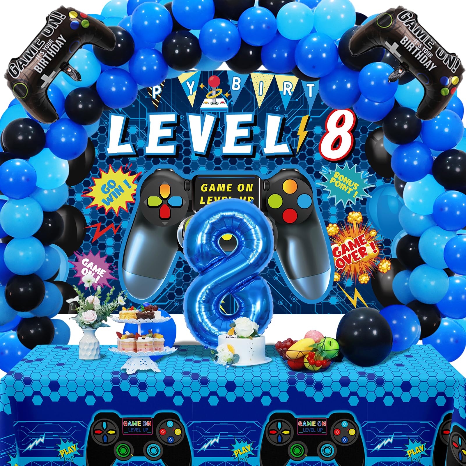 Photo 1 of Vlipoeasn 90PCS Video Game Party Decorations for Boys Set - Blue 8th Birthday Supplies - Video Game Backdrop, Balloons, Tablecloth, Gamer and 8 Foil Balloons