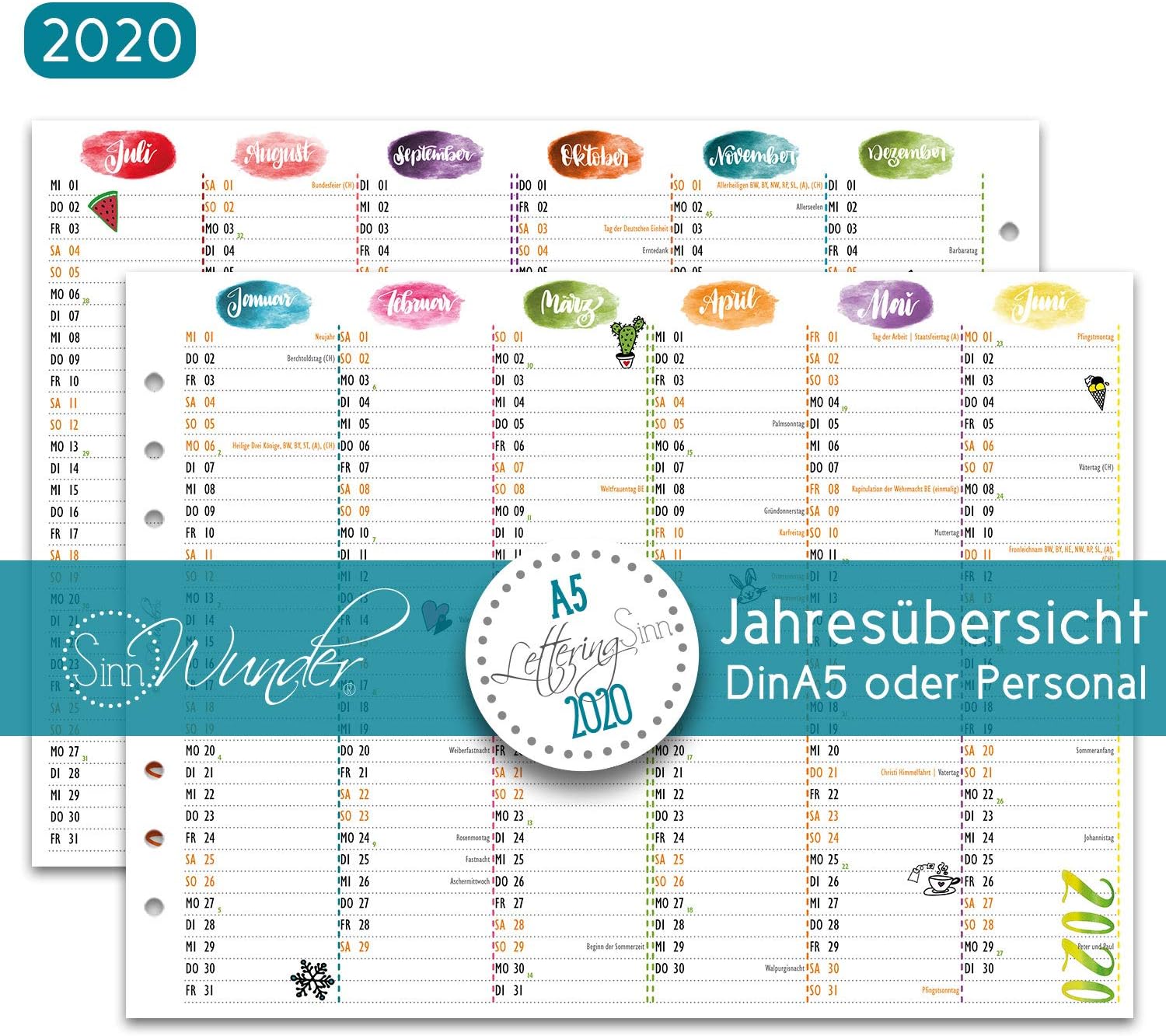 SinnWunder® 2020 Premium Calendar Inserts - Year Planner - Leporello with Half Year Per Page - LetteringSinn 2020 - Din A5 LetteringSinn