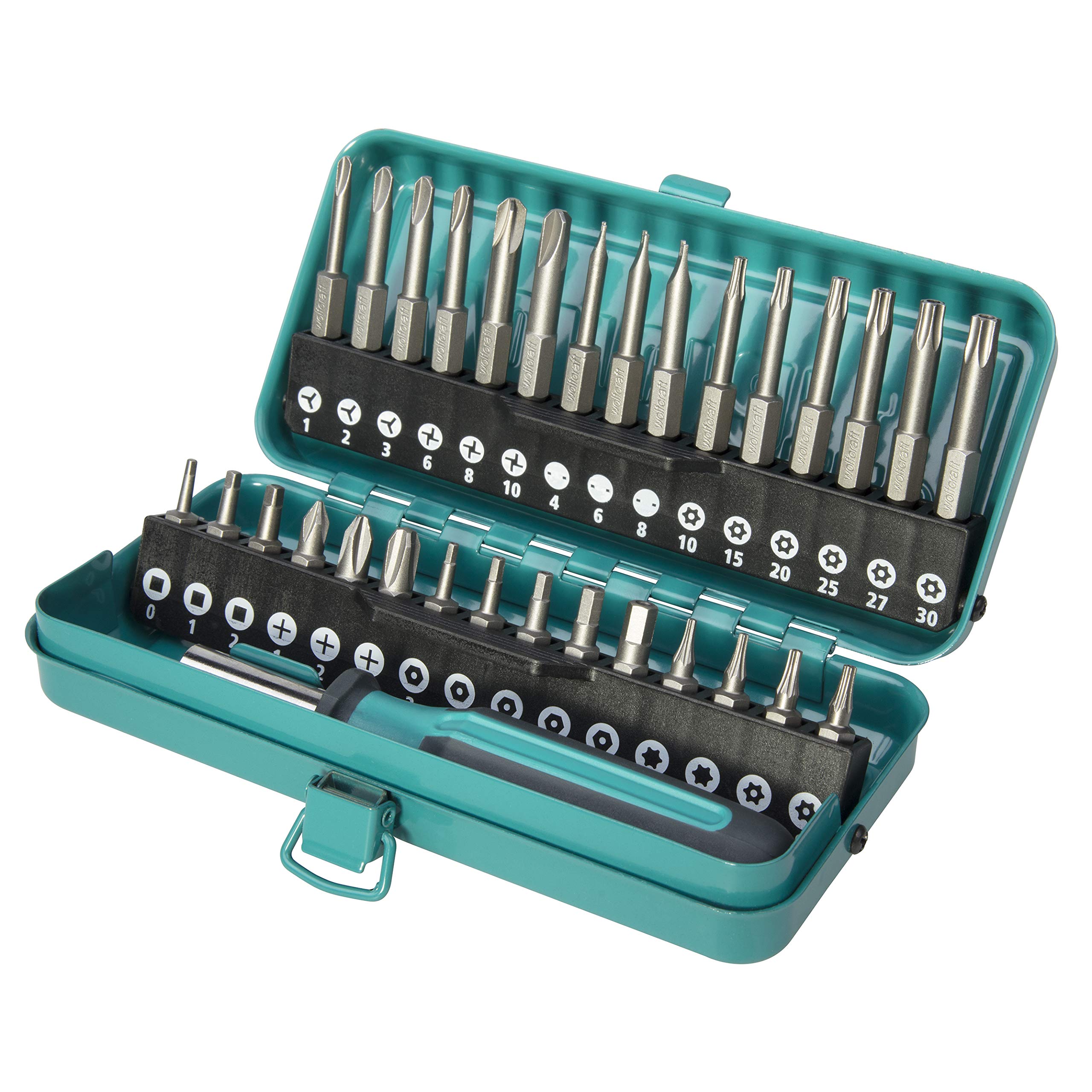 wolfcraft Safety Bit Box for Safety Screws, 31 Pcs. I 1386000 I High-Quality Metal Cassette with 30 Solid bits, 25 and 50 mm, in Various Sizes, incl. Hand Screwdriver