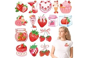 Falueqg Strawberry Iron on Transfers for Tshirts - 16Pcs DTF Transfers Ready to Press, Coquette Aesthetic Heat Transfer Vinyl, Friut Cake Iron on Decals Patches Stickers for Preppy Girls Clothes Hat