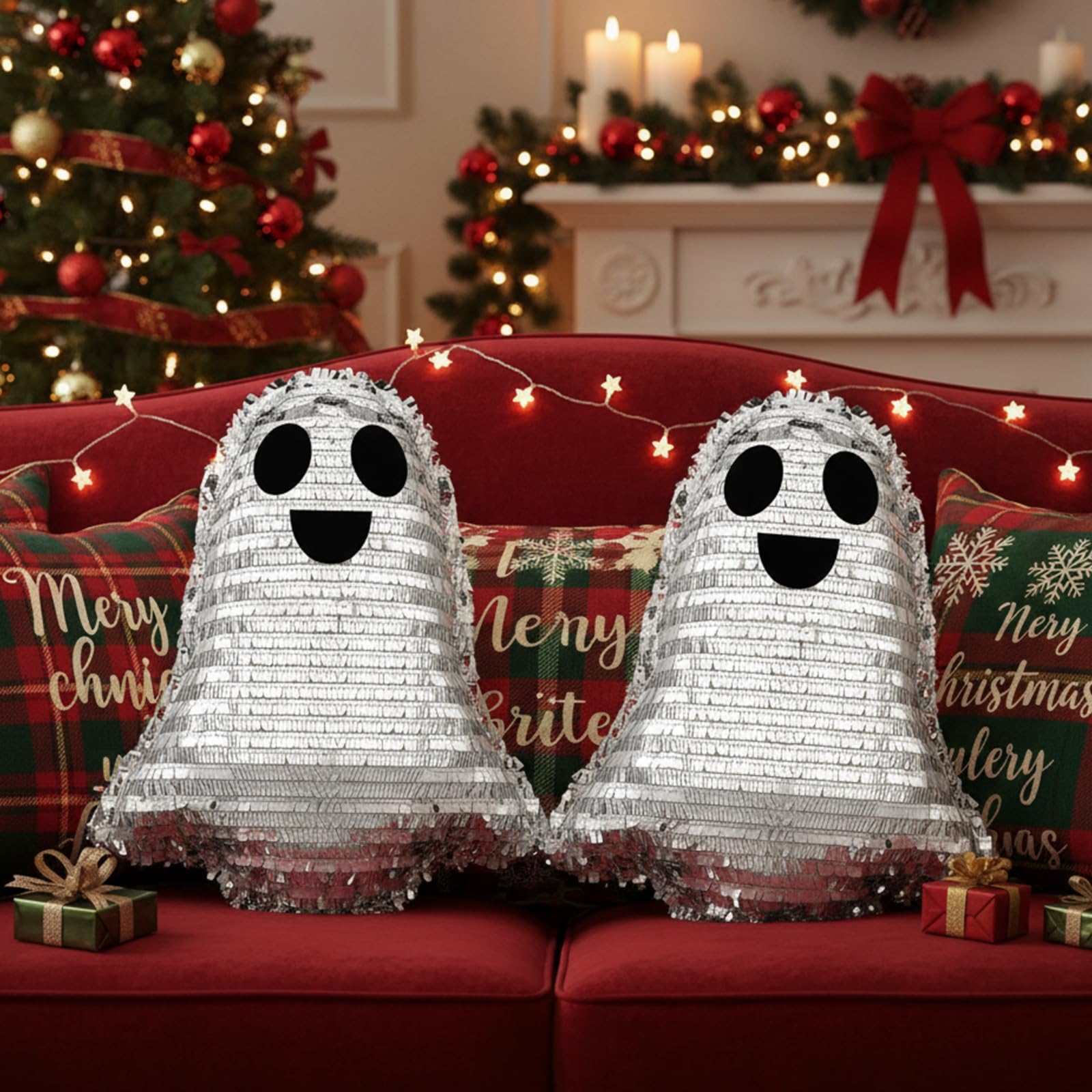 Photo 1 of 2 Set Gothic Christmas Disco Pillow 14.9 Inch Ghost Sliver Sequin Glitter Disco Christmas Decoration Throw Pillow Cute Ghost Decor for Home Sofa Bedroom Indoors