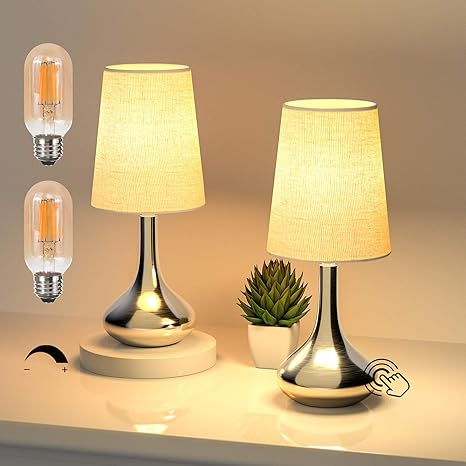 Amazon Com Touch Table Lamp Set Of 2 Deeplite 3 Way Dimmable Bedside Nightstand Lamps With Beige Fabric Shade Desk Lamp Set Of 2 For Bedroom Living Room 6w Led Bulb Incuded Home Improvement