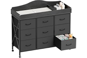 Yetom Baby Dresser with Changing Table Top, Changing Table Dresser with 9 Fabric Drawers, Waterproof Diaper Changing Station 