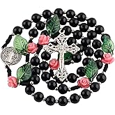 HELLOWIN 8mm Black Natural Stone Beads Catholic Rosary Necklace and Coral Rose Glory Beads with Flannel Bag for Women