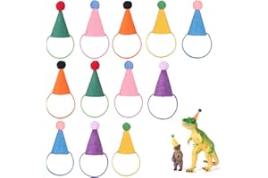 Fiestivo 12Pcs Mini Party Hats for Stuffed Animals Figures Toys Dinosaur Tiny Hats for Crafts Colorful Doll Party Decor Adjustable Cone Hat with Tinsel Pom Pom Birthday Cake Toppers Accessories