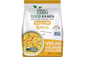 PERFECT EARTH FOODS Perfect Earth Good Ramen Yellow Curry Noodles - Authentic Vibrant Thai Flavor, Medium Spice, Organic & Gluten-Free Instant Noodle Ramen Bowl, Pantry Staples Cooked in Just Minutes (4 Pack)
