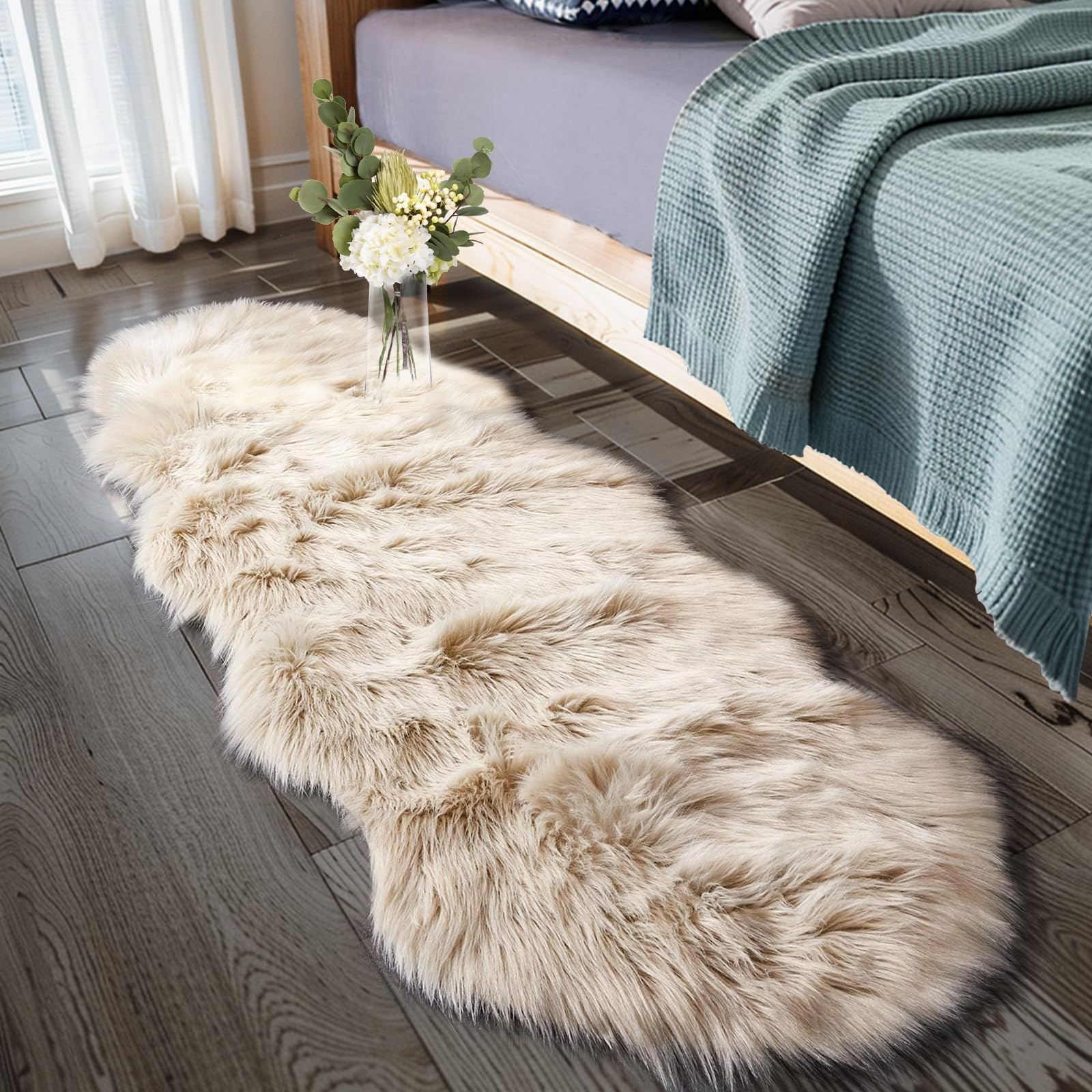 Photo 1 of Ciicool Ultra Soft Faux Sheepskin Fur Rug Fluffy Rug for Bedroom Fuzzy Carpet for Living Room Kid's Room Nursery Decor, Beige 2 x 6 Feet