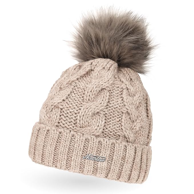 Neverless Damen Strick-Mütze gefüttert mit Fell-Bommel, Kunstfell, Winter-Mütze, Bommelmütze