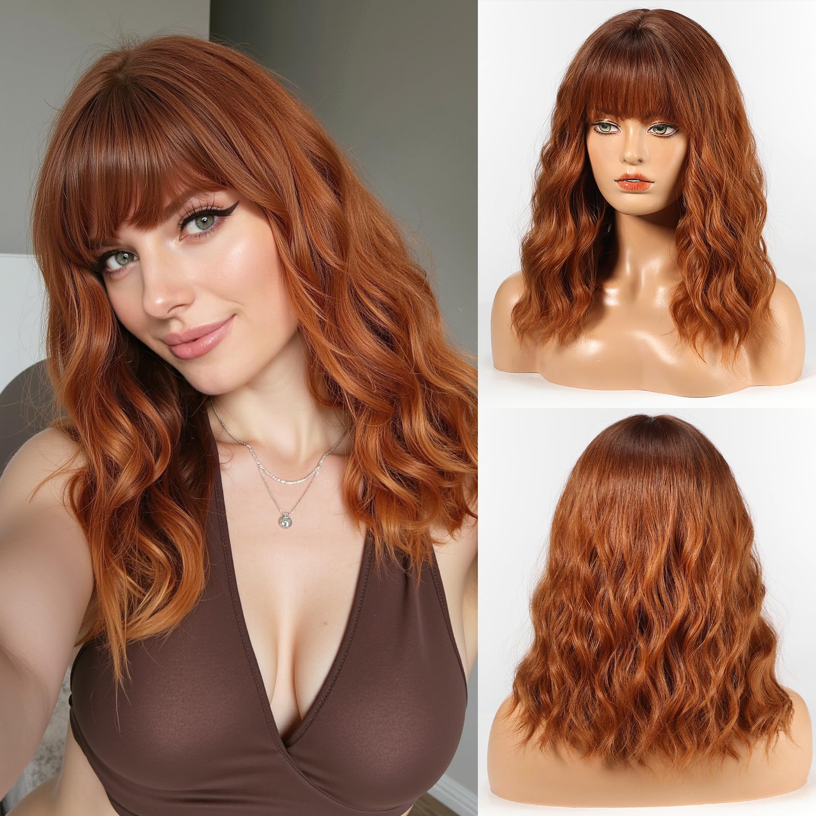 WOKESTAR Bob Wigs With Neat Fringe, Wavy Synthetic Wigs for Women Auburn Color