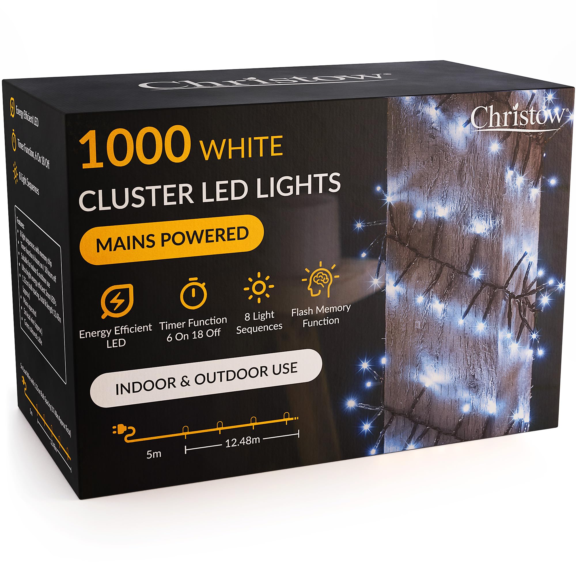 CHRISTOW 1000 LED Cluster Christmas Tree Lights, White Fairy Lights with Timer, 8 Light Modes, Energy Efficient 3mm Micro LEDs, Indoor & Outdoor, Mains Powered, Green Cable, 12.48m Lit Length