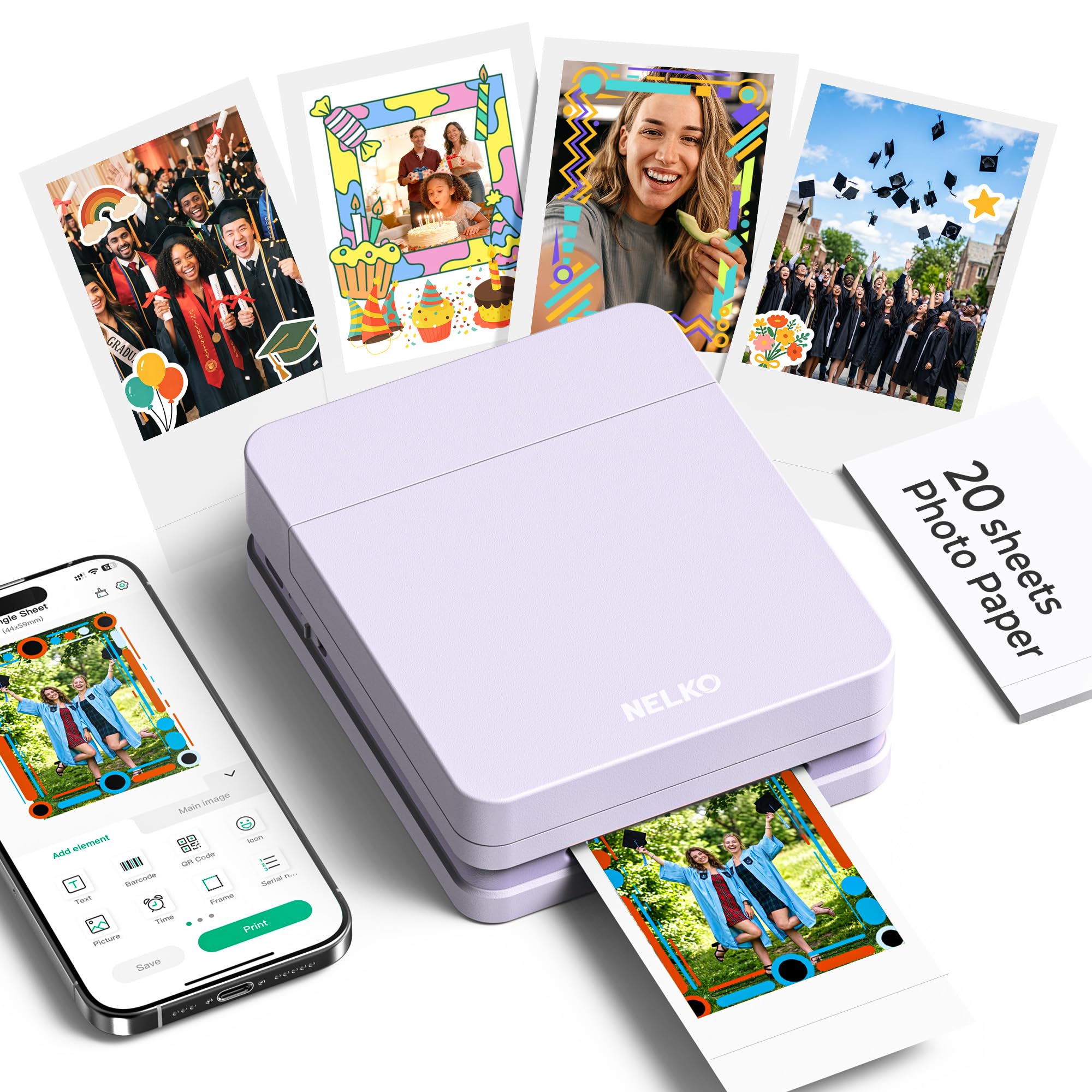 Nelko PP01 Photo Printer, 2x3 Portable Photo Printer, Mini Printer, Purple