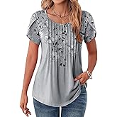 Zeagoo Womens Tops Petal Short Sleeve Summer Casual Crew Neck Shirts Floral Solid Blouse Pleated Tunics