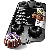 Wrenbury Nonstick Mini Buntz Cake Pan Non Stick for Baking - 6 Cup Bundlette Fluted Cake Tin for Small Cakes - PFOA Free and Dishwasher Safe - 3.75” Cup Width