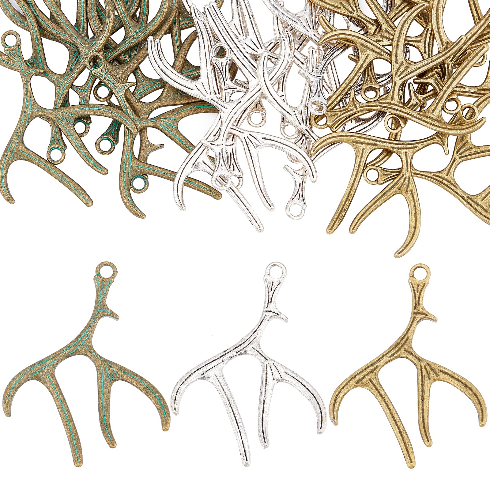 SUNNYCLUE 1 Box 24Pcs 3 Colors Christmas Deer Antler Charms Bulk Winter Alloy Elk Pendants Antique Gold Sliver Bronze Antler for Jewelry Making Charms DIY Crafts Keychain Finding Accessories
