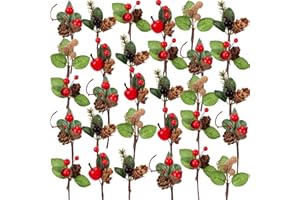 Sanwuta 20 Pcs Christmas Red Berry Picks Evergreen Pine Branches Christmas Picks Xmas Greenery for Craft Wreath Garland Winter Holiday Ornament Holly Decoration DIY(Classic Style)