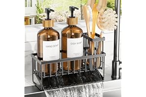 Cisily Kitchen Dish Soap Dispenser Set with 2 Pack 16.9oz Amber Glass Bottle and Sponge Holder, Dish Soap Dispensers with Adjustable Sponge Holder, Vintage Hand and Dish Soap Dispensers Set