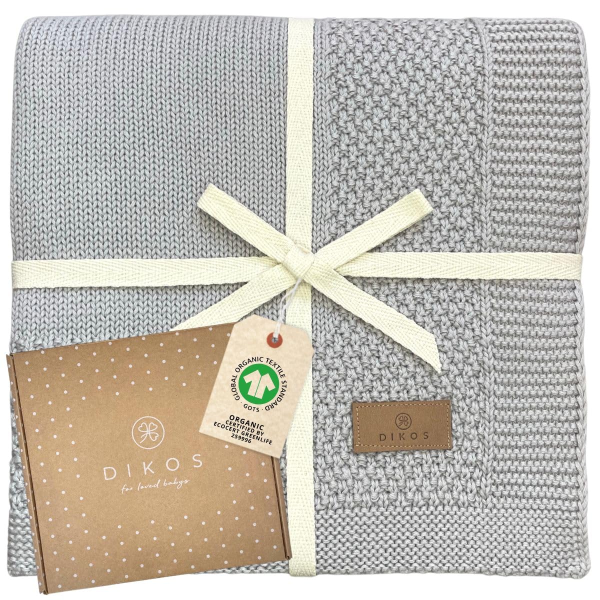 DIKOS® Baby Blanket Made of 100% GOTS Organic Cotton Grey | Soft Newborn Baby Blanket Knitted Blanket with Border Girls/Boys All Year Round | Sustainable Cuddly Blanket Cotton Blanket | Gift for Birth
