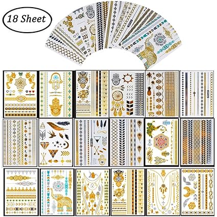 Flash Tattoos,Simuer temporäre Klebe-Tattoos Tätowierung Wasserdichte metallischen Papier Aufkleber Gold Silber Körper Gefäls