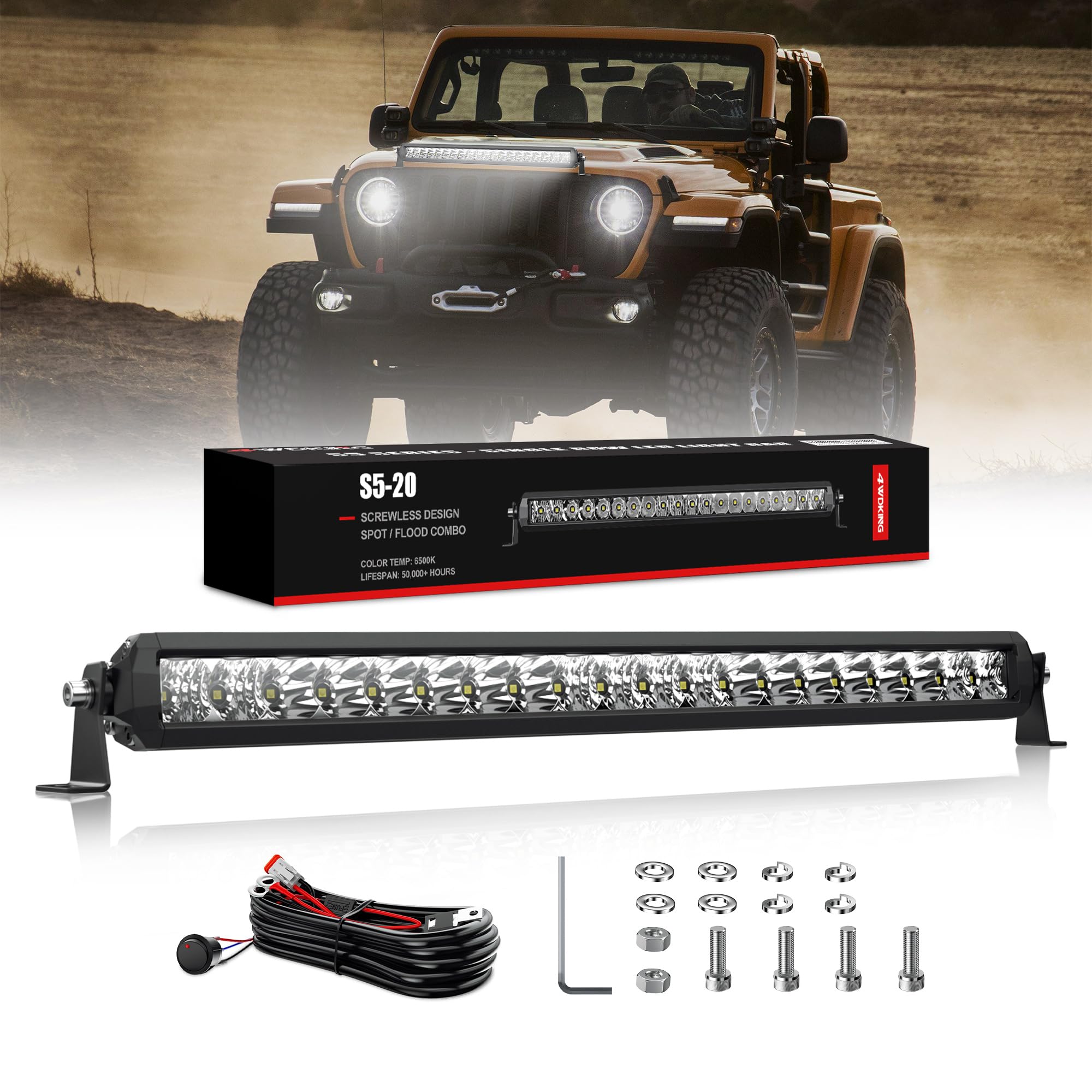 Photo 1 of 4WDKING LED Light Bar 22 inch, 120W IP69K Waterproof Off-Road Combo LED Work Light with DT Wiring Harness Truck Driving Fog Lamp for Truck Cars ATV UTV Boat