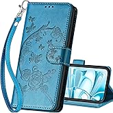 SASYMALY for iPhone 16 Wallet case, Flip Folio Cover with Stand Feature for Women Men, PU Leather Phone Case Fit for iPhone 16 6.1'' [Blue-Flower]