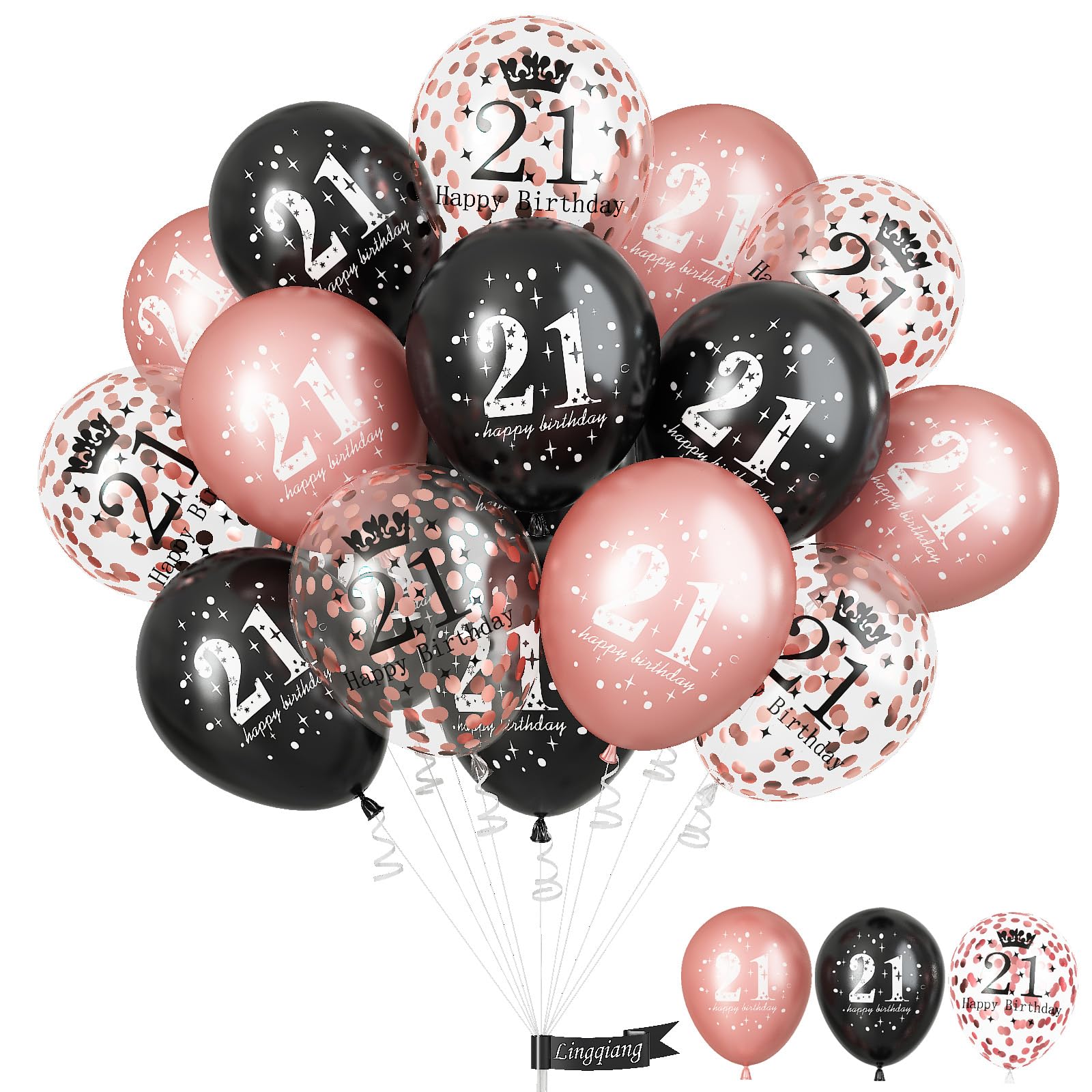 Photo 1 of 21st Birthday Decorations for Her, 15 Pcs Happy Balloons Latex Helium Black Rose Gold Confetti for Girls Women Age 21 Years Old Celebration Party Supplies