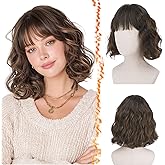BARSDAR Short Wavy Brown Highlight Wig with Bangs - Short Brown Highlights Wigs for Women - Curly Wavy Textured French Bob Wig with Bangs Soft Synthetic Natural Looking Face-Framing Daily Party