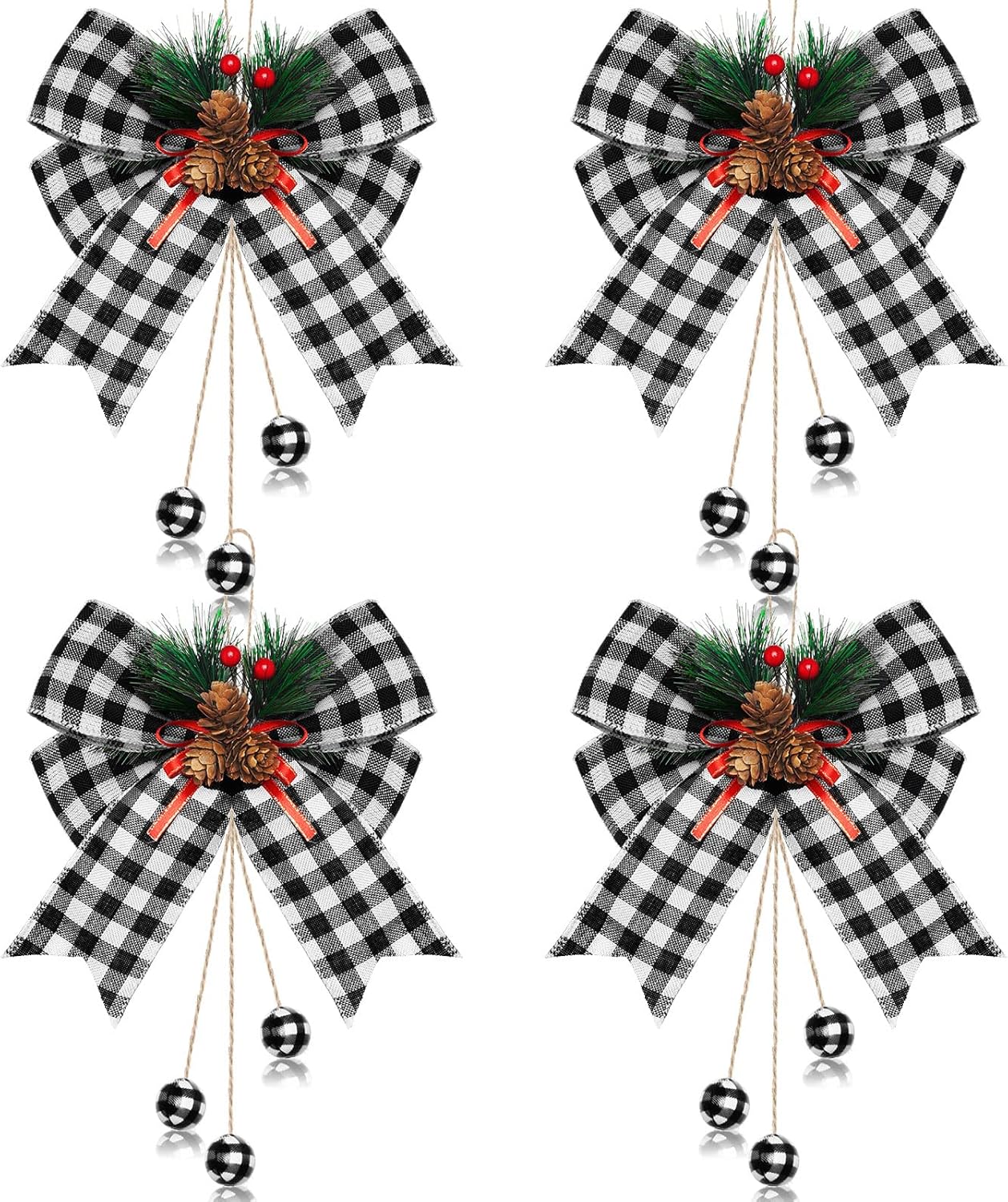 Bows & Ribbons - Syhood 4 Pieces Christmas Tree Wreath Bow Buffalo Plaid Bow with Pine Cones Large Xmas Decorative Bows for Home Party Christmas Tree Decoration, 9.8 x 11.8 Inch (Black and White Plaid)